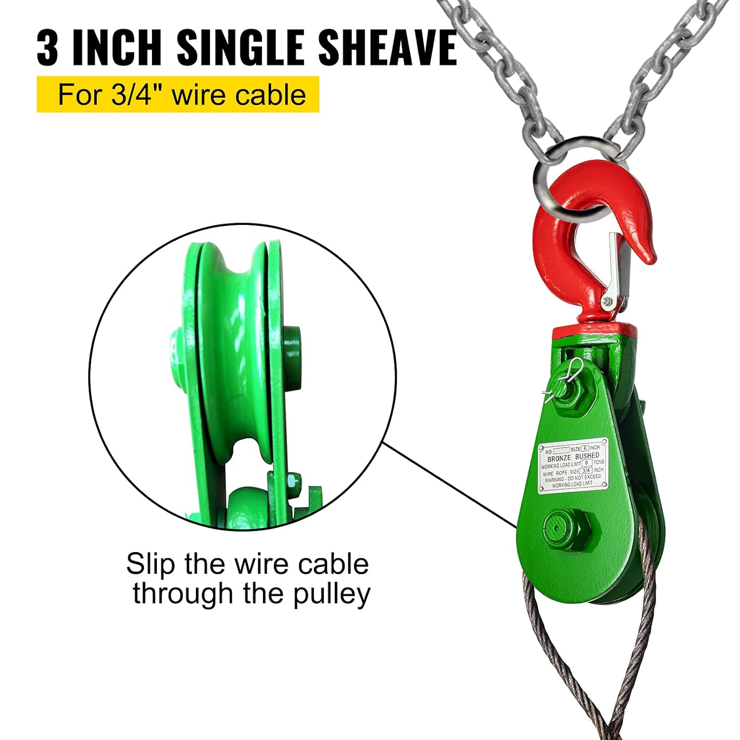 VEVOR 8ton Snatch Block with Hook, 17600 lbs Capacity Snatch Rigging Block, 6'' Single Sheave Block w/Swivel Hook and Latch, Fit 3/4'' Wire Cable Heavy Duty for Wrecker Roll Back Recovery Pulling: Industrial & Scientific