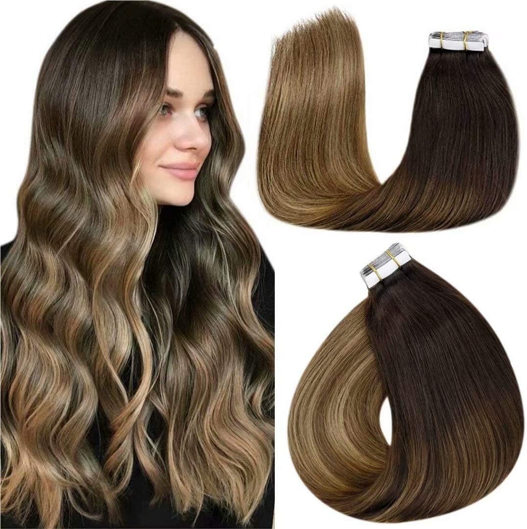 LaaVoo Tape in Hair Extensions Human Hair 50g Tape Hair Extensions Real Human Hair Invisible Tapes Remy Straight Balayage Dark Brown to Blonde Hair Double Sided Tabs 20pcs 14 Inch #2/6/12