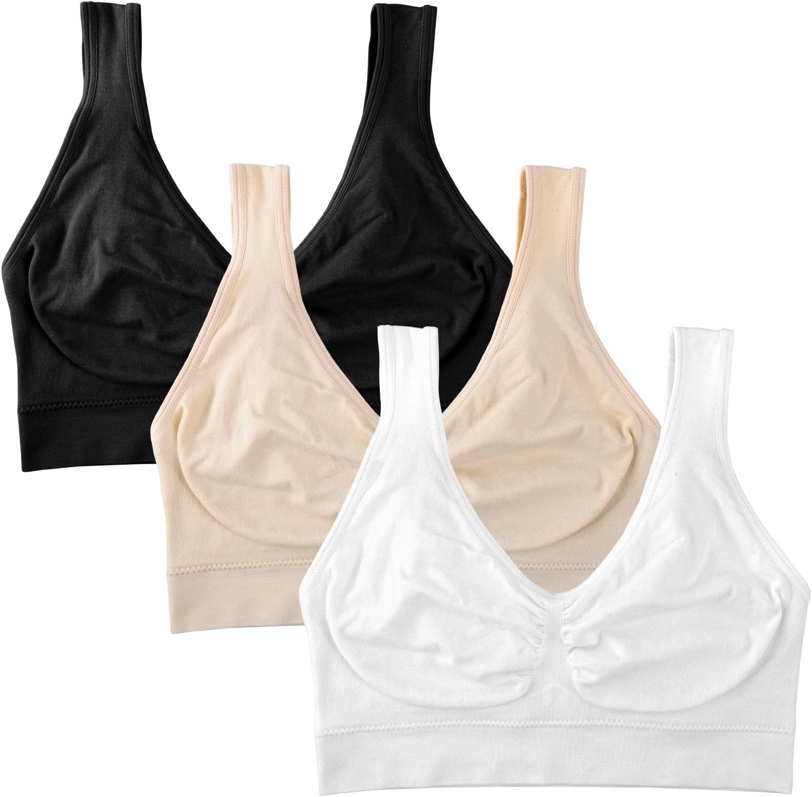 BRLIDO Womens Seamless Wirefree Sports Bra Low Support Sleep Yoga Bras 3Pack Color Black Nude White Size L