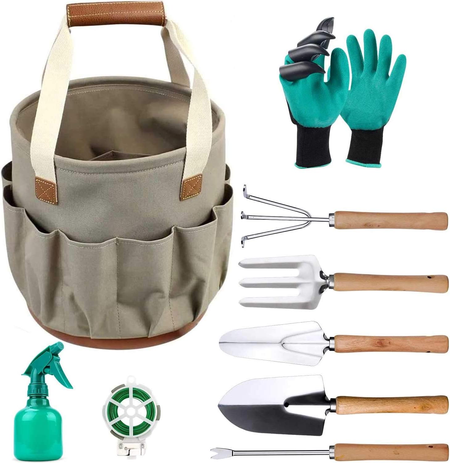 9 Piece Garden Tote and Tools Set, Garden Bucket Tool Kit Organizer with 18 Deep Pockets, Gardening Hand Tools and Supply Essentials Kit Includes Storage Bag, Weeder, Rake, Shovel, Trowel and More