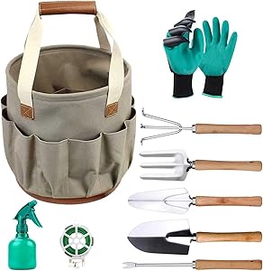 9 Piece Garden Tote and Tools Set, Garden Bucket Tool Kit Organizer with 18 Deep Pockets, Gardening Hand Tools and Supply Essentials Kit Includes Storage Bag, Weeder, Rake, Shovel, Trowel and More