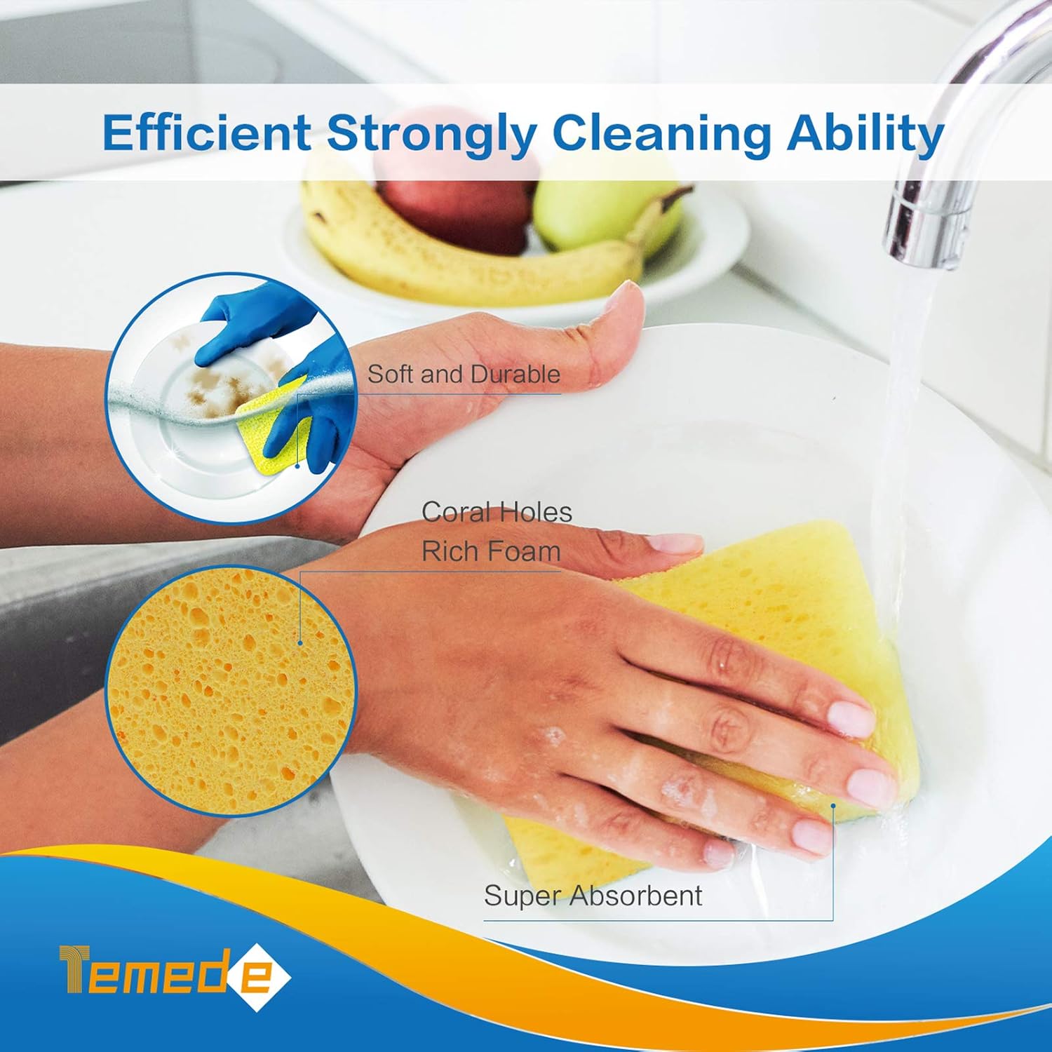 Temede Sponges for Dishes, Large Cellulose Kitchen Sponge, 3.5cm Thick Heavy Duty Scrub Sponges for Cleaning, Non-Scratch Dish Scrubber Natural Sponge for Household Cleaning, Cookware, Bathroom, 5pcs: Kitchen & Dining