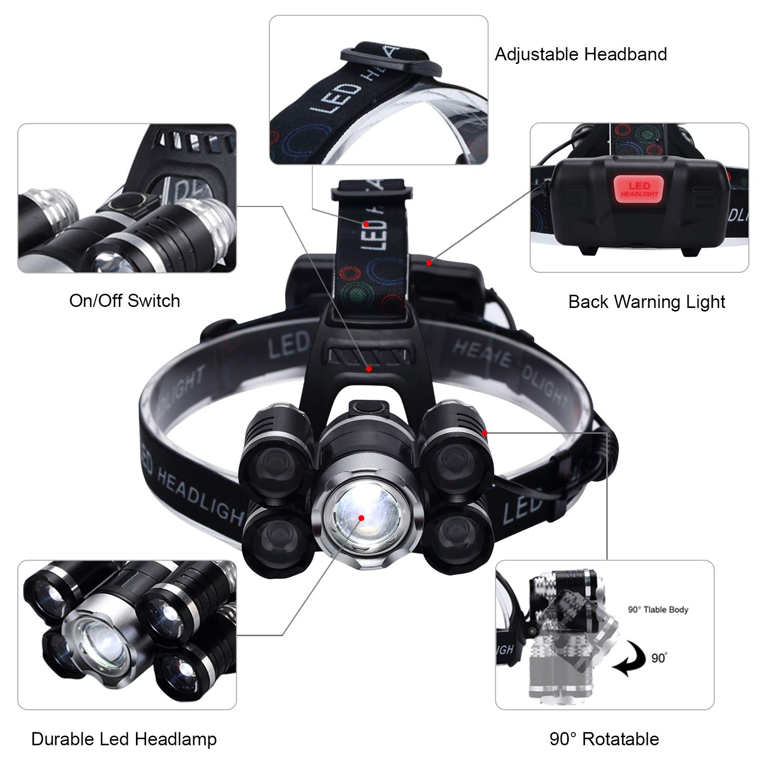 KKlite LED Rechargeable Headlamp Headlights - Brightest 6800 lumen Waterproof Work Head Flashlight included 18650 Batteries Car Charger Wall Charger and USB Cable for Camping Running Cycling Hiking