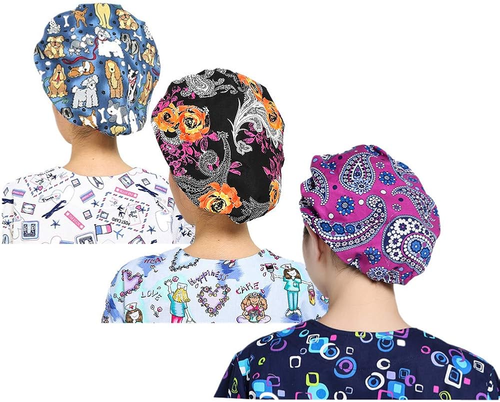 LTifree 3pc Women's Adjustable Bouffant Caps Hats Working Cap Sweatband Value Set Multi Color: Clothing