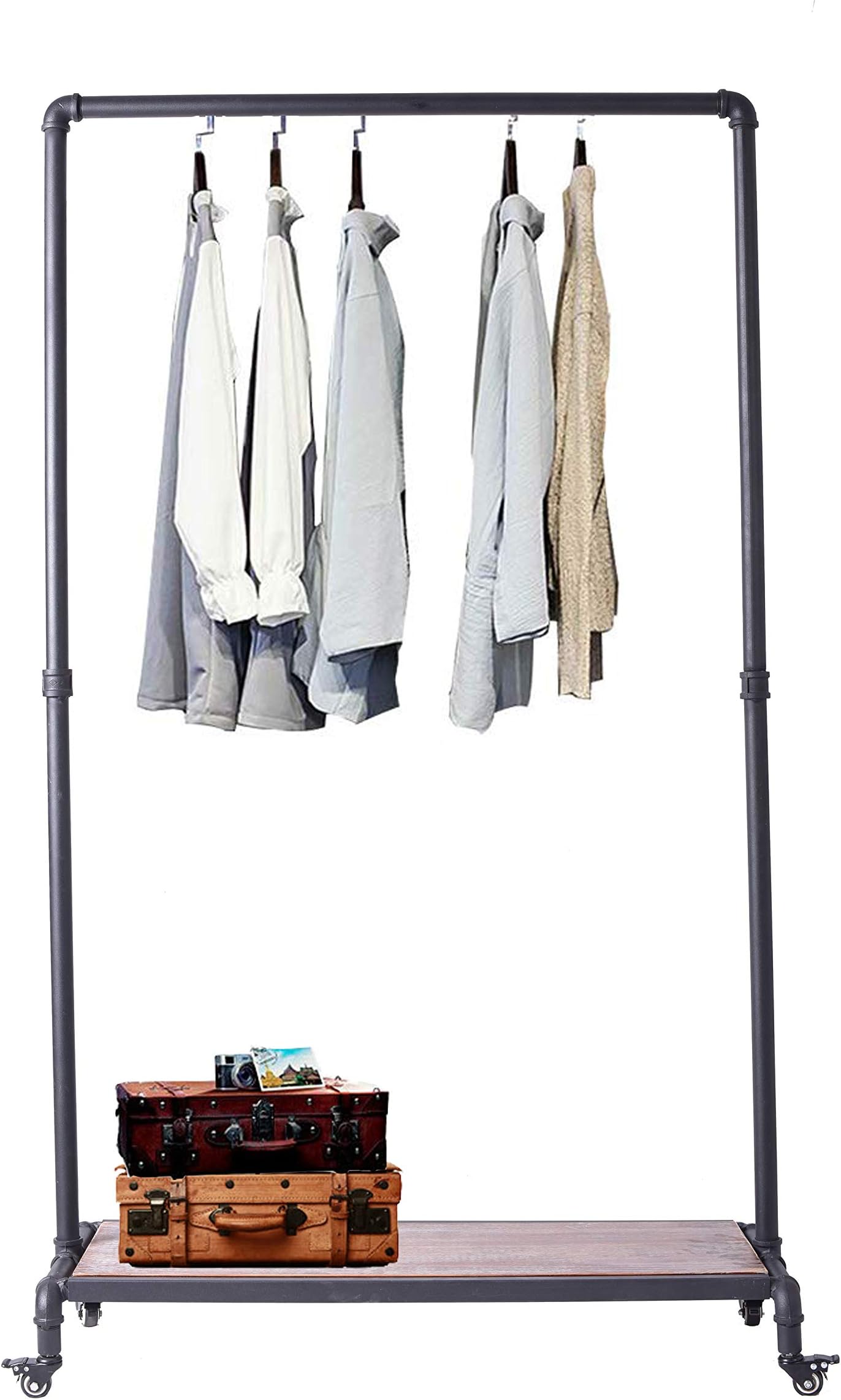 Articial Industrial Metal Pipe Clothing Rack,Vintage Brown Wood Garment Rack,Rustic Clothes Rack with Wheels,Retail Commercial Rolling Rack (Brown)