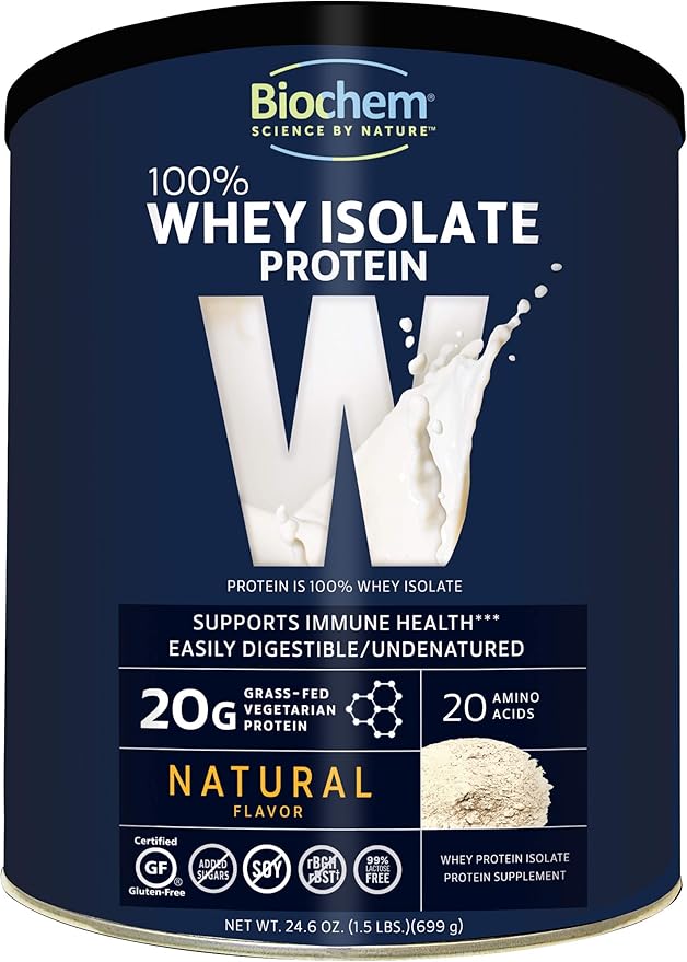 Amazon Com Biochem 100 Whey Isolate Protein Natural Flavor 24 6 Oz Pre Post Workout Meal Replacement Keto Friendly 20g Of Protein Easily Digestible Refreshing Taste Easy To Mix Health Personal Care