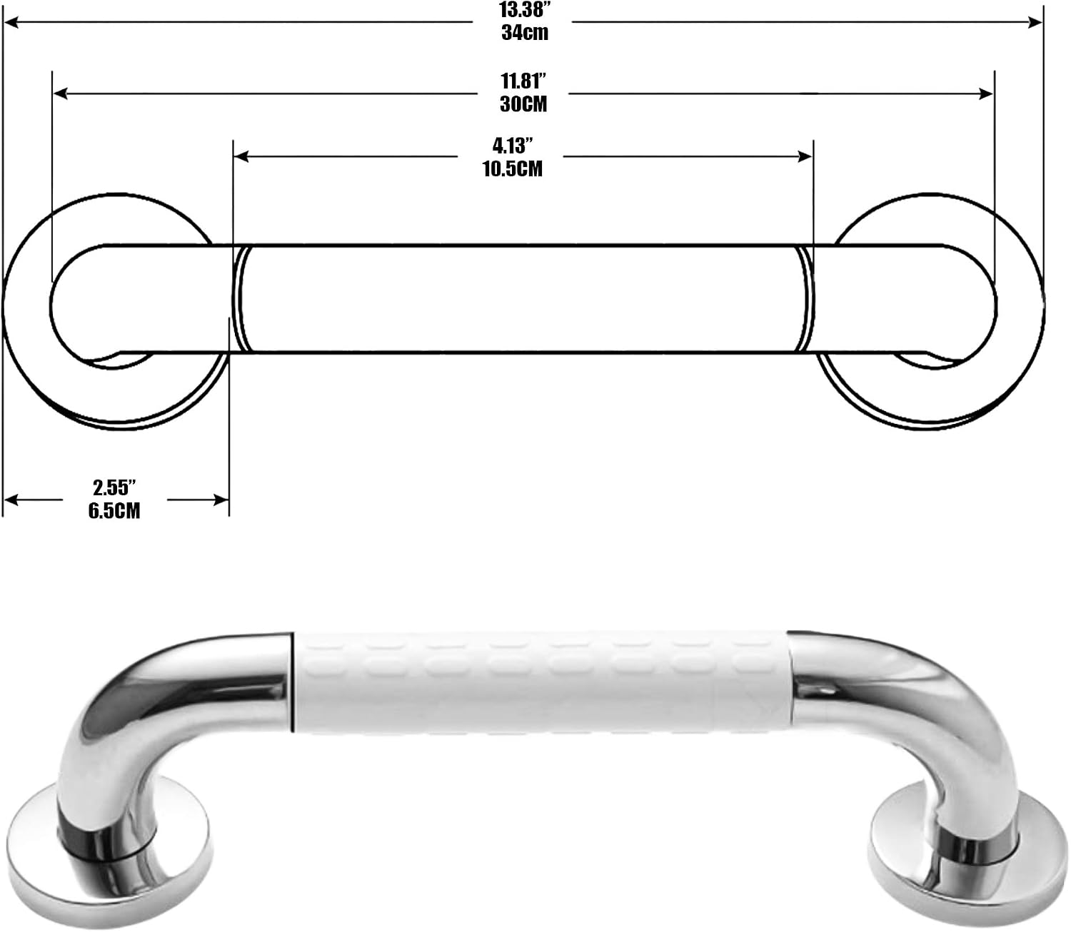 Bath Safety Grab Rail White, 12 Inch Stainless Steel, Anti-Slip Shower Handles for Elderly Grab Bar with Ridges - Image 3