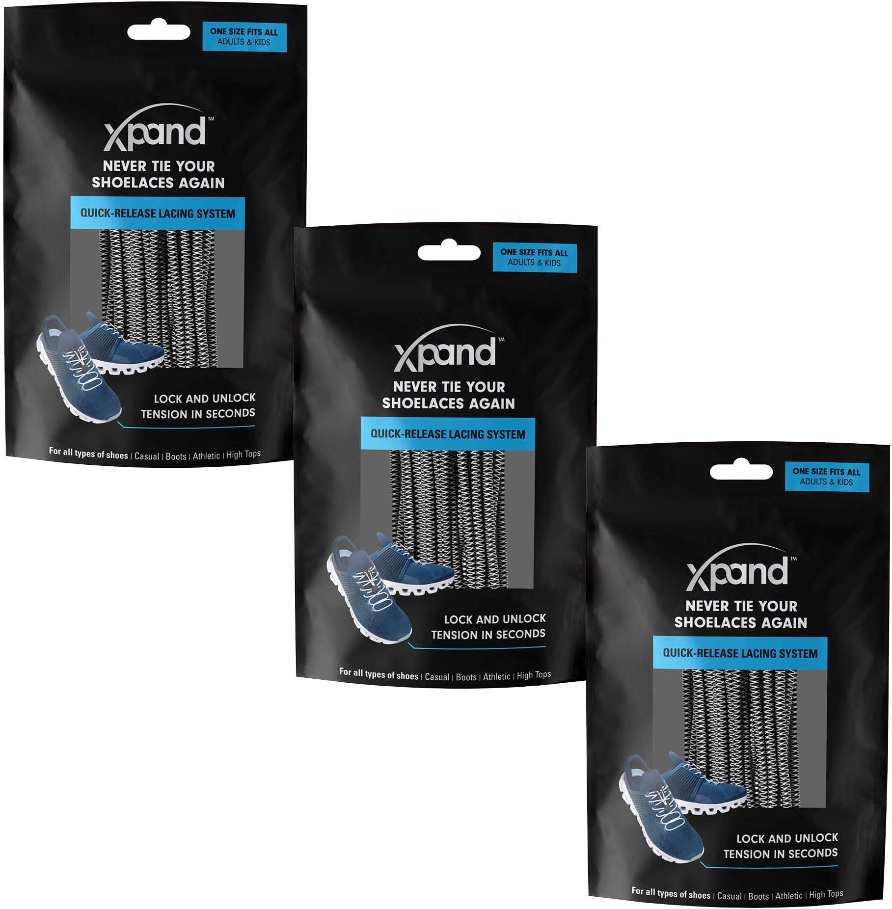 XpandRound No Tie Shoelaces - Elastic Lacing System - One Size Fits All Adults and Kids Shoes (Pack of 3)