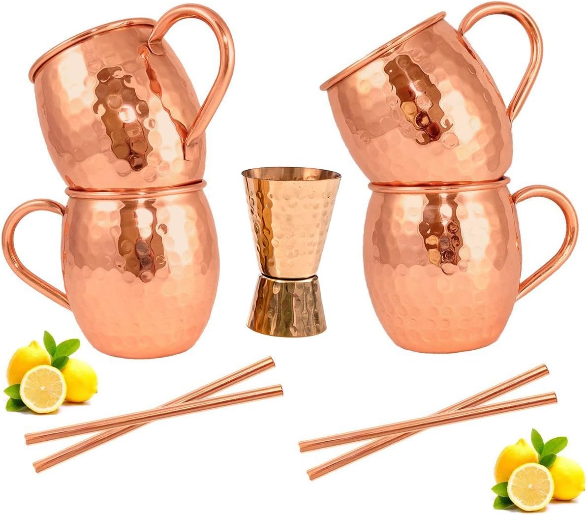 Moscow Mule Copper Mugs - Set of 4-100% HANDCRAFTED - Food Safe Pure Solid Copper Mugs - 16 oz Gift Set with BONUS: Highest Quality Cocktail Copper Straws and Jigger! (Curve)