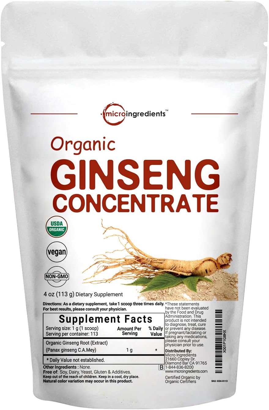 Maximum Strength Organic Ginseng Root 200:1 Powder, 4 Ounce, Red Panax Ginseng Powder, Active Ginsenosides to Support Energy, Immune System, Mental Health & Physical Performance, Vegan: Health & Personal Care