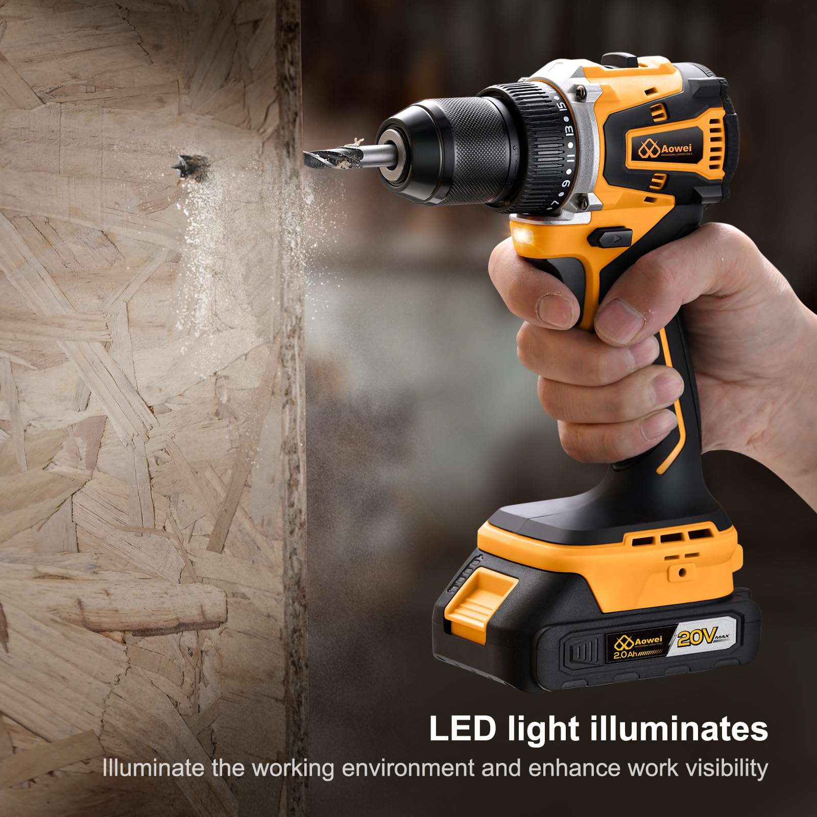 Aowei 20V Brushless Cordless Lithium-Ion Drill Set, Compact Design, Yellow Rechargeable Lithium-Ion Drill Kit, including 2.0Ah Battery, Charger and 3/8-inch Keyless Chuck