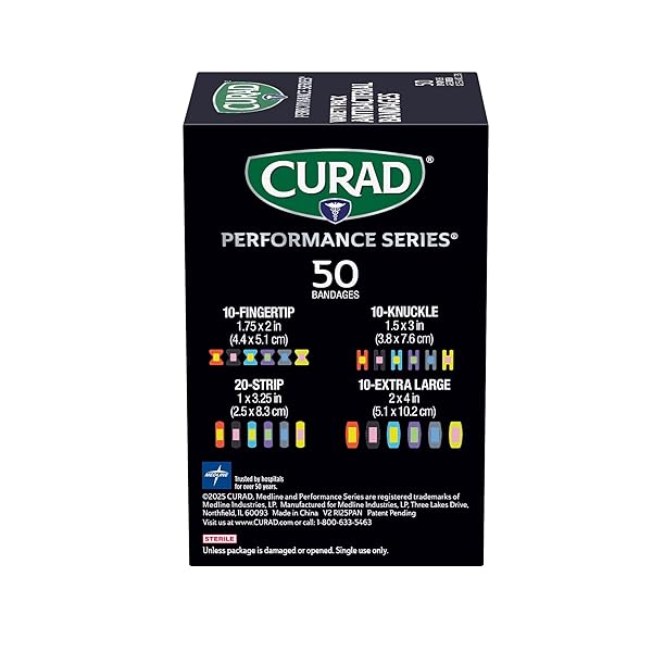 CURAD PERFORMANCE SERIES ANTIBACTERIAL BANDAGES, EXTREME HOLD ADHESIVE TECHNOLOGY, FINGER & KNUCKLE BANDAGES, FLEXIBLE FABRIC, VARIETY PACK WITH ASSORTED SIZES & COLORS, 50 COUNT