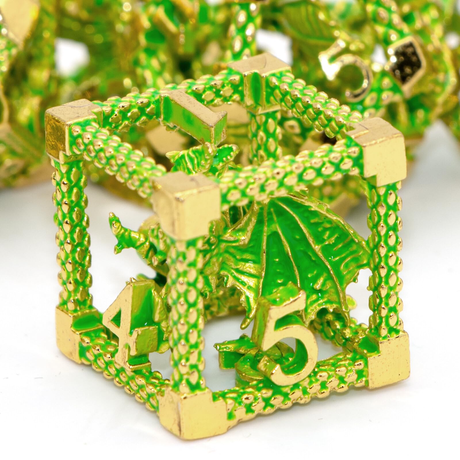 DND Dice,HNCCESG Metal D&D Dice of 7pc,Dungeons and Dragons Dice Set Polyhedral Dice Role Playing Dice Set Hollow Dice Gaming D D Gift for Table Game RPG Shadowrun (Gilt Green)