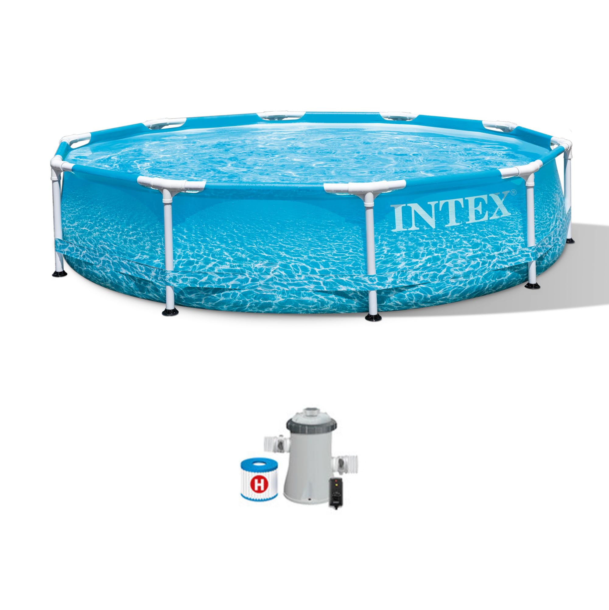 Photo 1 of INTEX 28207EH Beachside Metal Frame Above Ground Swimming Pool Set: 10ft x 30in – Includes 330 GPH Cartridge Filter Pump – Puncture-Resistant Material – Rust Resistant – 1185 Gallon Capacity