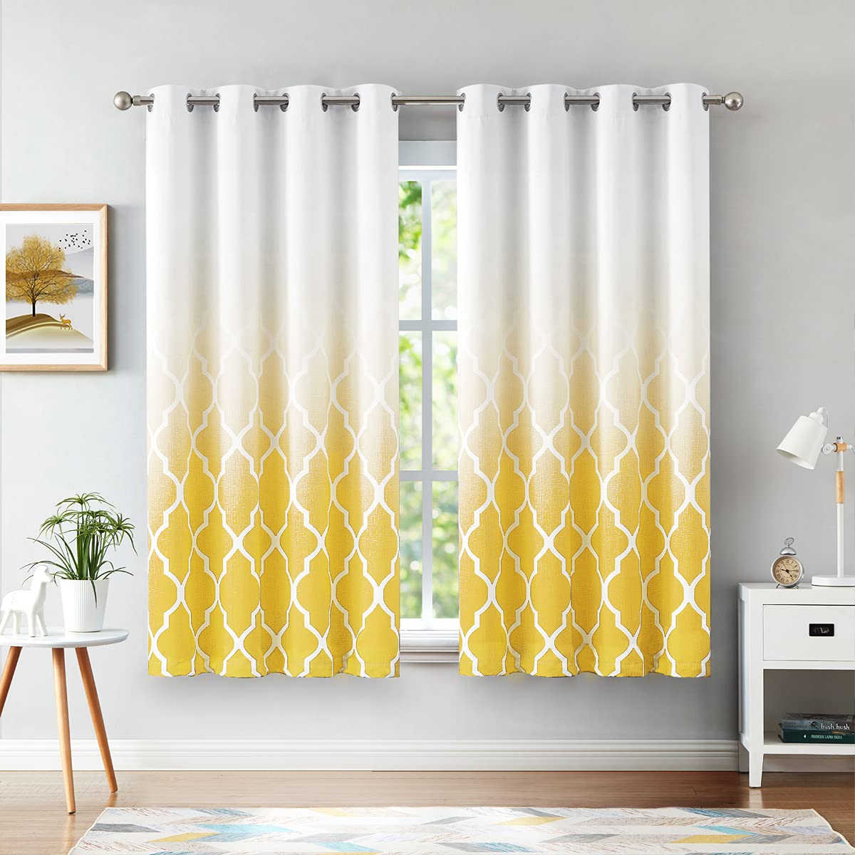 Beauoop Blackout Curtains for Bedroom Yellow Ombre Curtains 72 Inch Drop Geometric Print Eyelet Curtain for Living Room Darkening Thermal Insulated Window Curtain Drapes 2 Panel