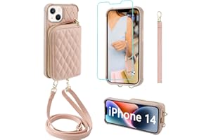 MONASAY Zipper Wallet Case Fit for iPhone 14/13 6.1in[Glass Screen Protector][RFID Blocking] Flip Leather Handbag Phone Cover with Card HolderandDetachable Crossbody Shoulder Lanyard Strap, Rosegold