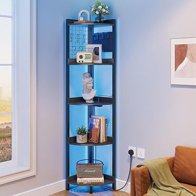 Dripex Corner Shelf with Power Outlets USB Lights 5 Tiers 67 Tall Black