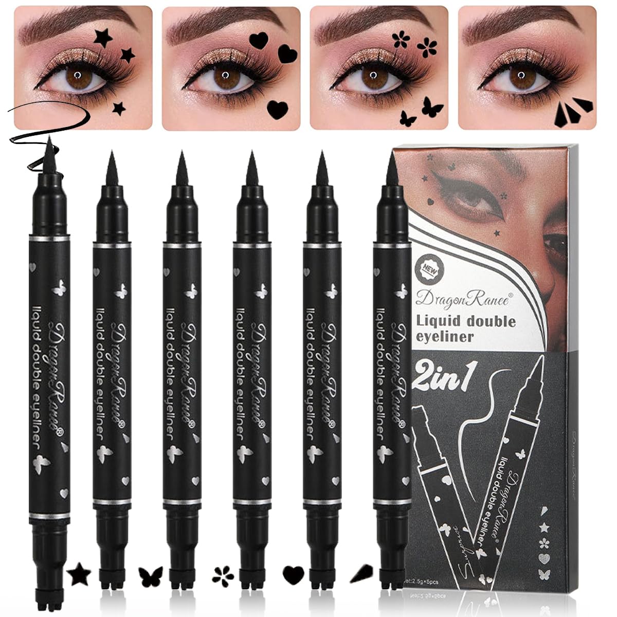Sitovely 5Pcs Double-headed Liquid Eyeliner Stamp Pen Set, Waterproof LongLasting Black Eyeliner Pencil, Smudgeproof Eye Liners Stencils Eye Tattoo Makeup-Triangle/Heart/Star/Flower/Butterfly (A, M)