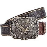 FREEBLOSS Western Cowboy Belt Double Embossed Leather Belts with Printed Engraved Buckle for Women Man Gift, Antique Tin Color 48.8" × 1.42"