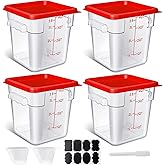 4 Pack 4QT Food Storage Containers with Red Lids, Clear Square Restaurant Commercial Food Storage Containers with Handle and Scale, Marinating Container Dough Rising Bucket for Home & Dining
