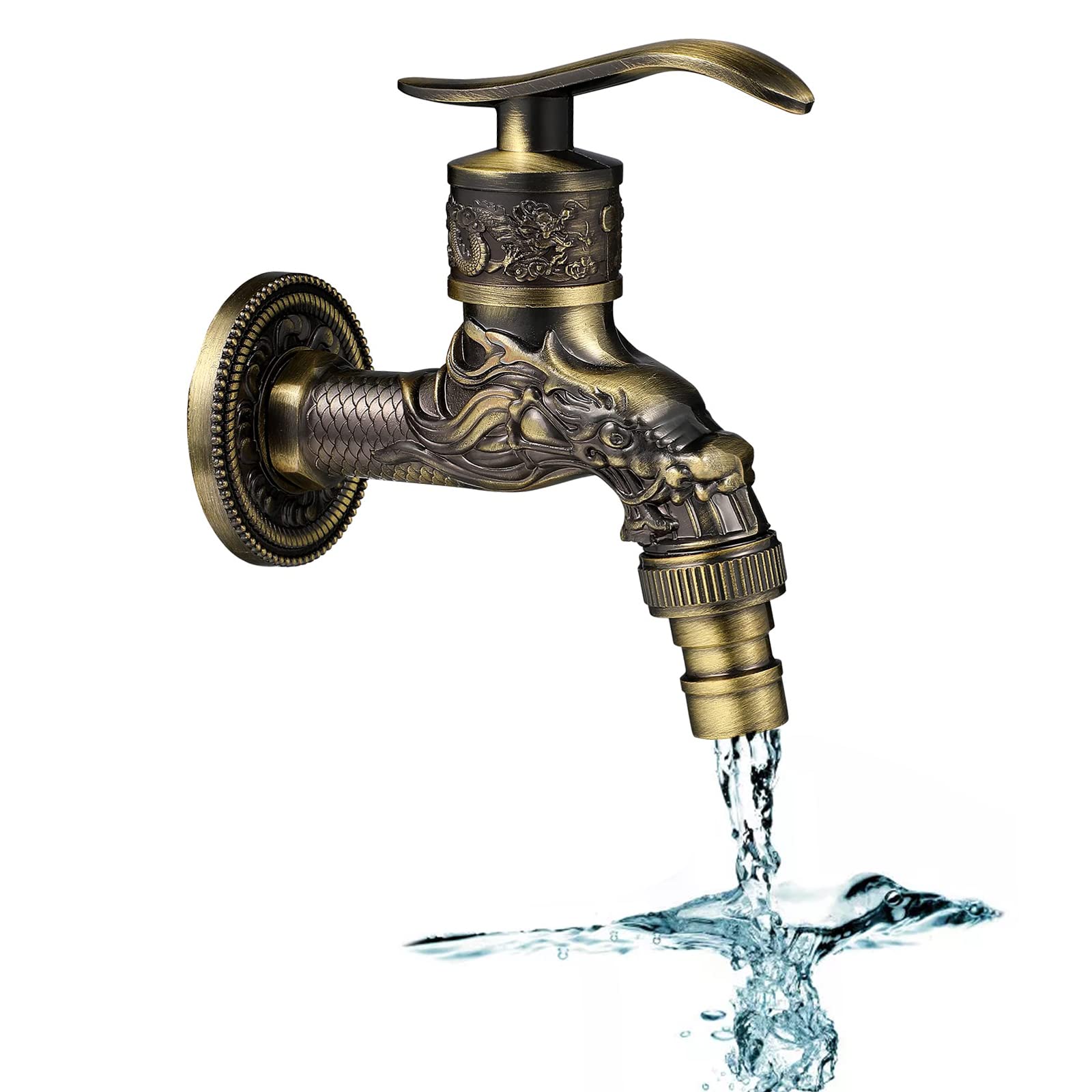 Manqyi Vintage Wall Tap, Dragon Carved Antique Brass Tap, Wall Mounted, Bronze Finish, Zinc Alloy, Kitchen, Bathroom, Garden