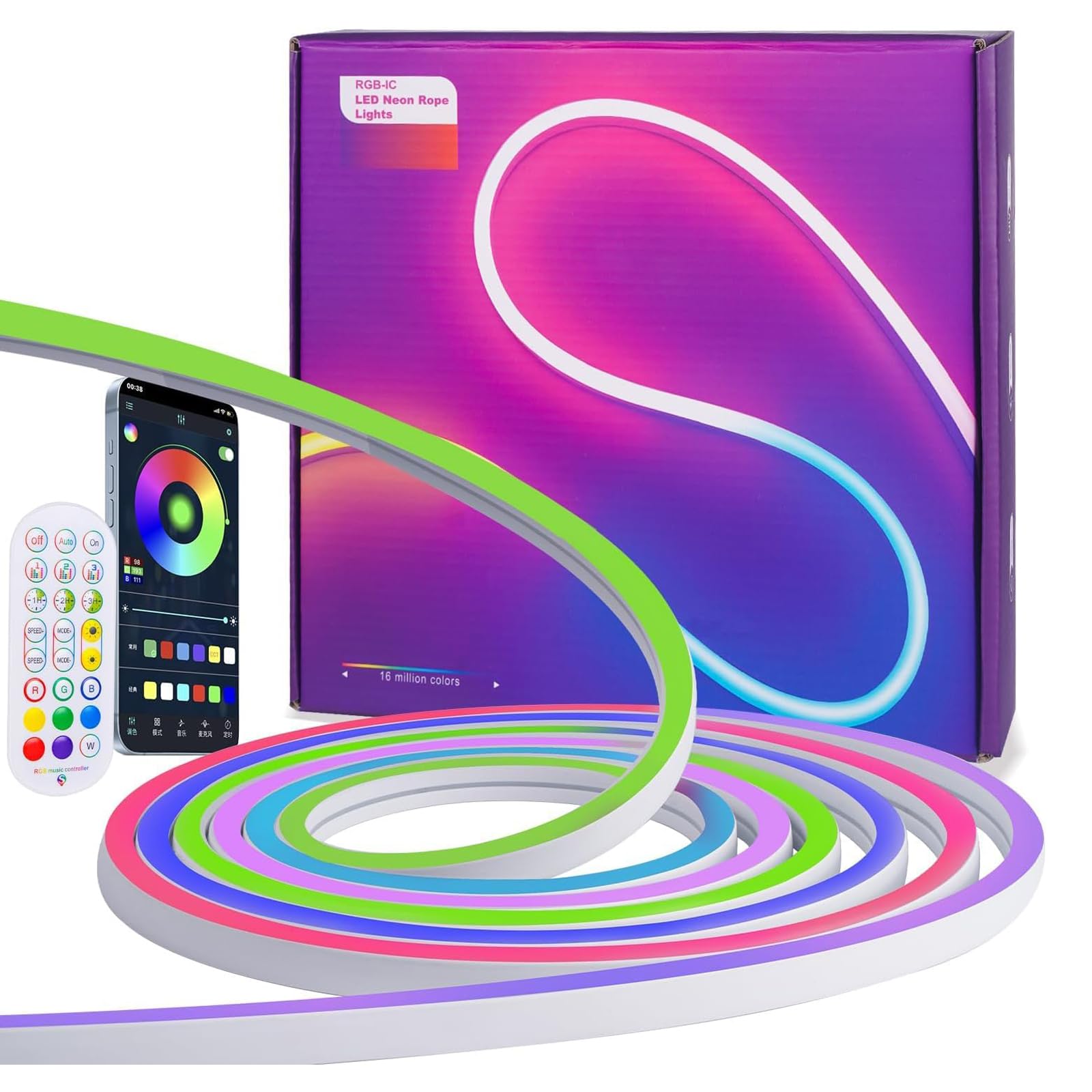 Photo 1 of Cmswiftify Neon Rope Lights, 16.4FT IC+RGB LED Strip Lights, App+Remote Control, Outdoor IP65 Waterproof, Music Sync, Color Changing, Flexible DIY Design Neon Lights for Bedroom, Gaming, Party Decor