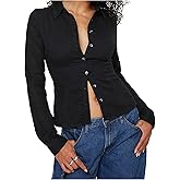 Women Long Sleeve Slim Button Up Shirt Solid Color Y2K Button Down Blouse Vintage Slim Fitted Collared Dressy Top