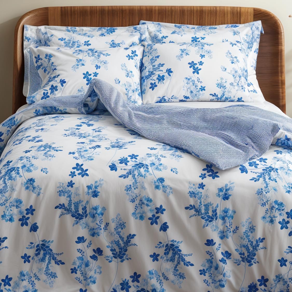 LERUUM Kingsize Duvet Cover Sets Floral Striped Bedding Cotton Reversible Blue and White King Size Quilt Cover Bed Set