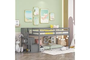 Bellemave Low Loft Bed for Kids,Twin Size Loft Bed with Storage Staircase,Wood Loft Bed Frame for Boys Girls Teens(Gray)
