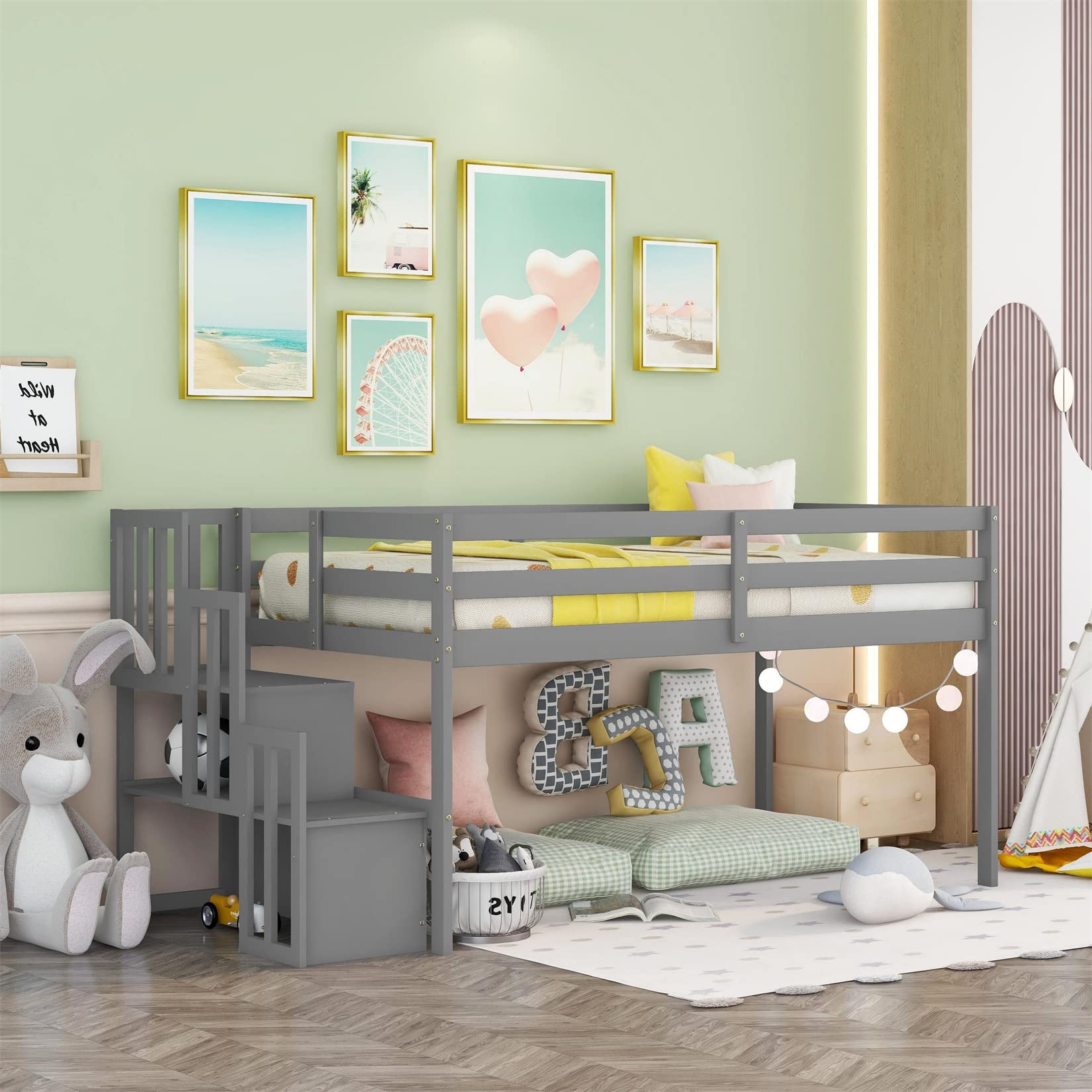 Photo 1 of Bellemave Low Loft Bed for Kids,Twin Size Loft Bed with Storage Staircase,Wood Loft Bed Frame for Boys Girls Teens(Gray)