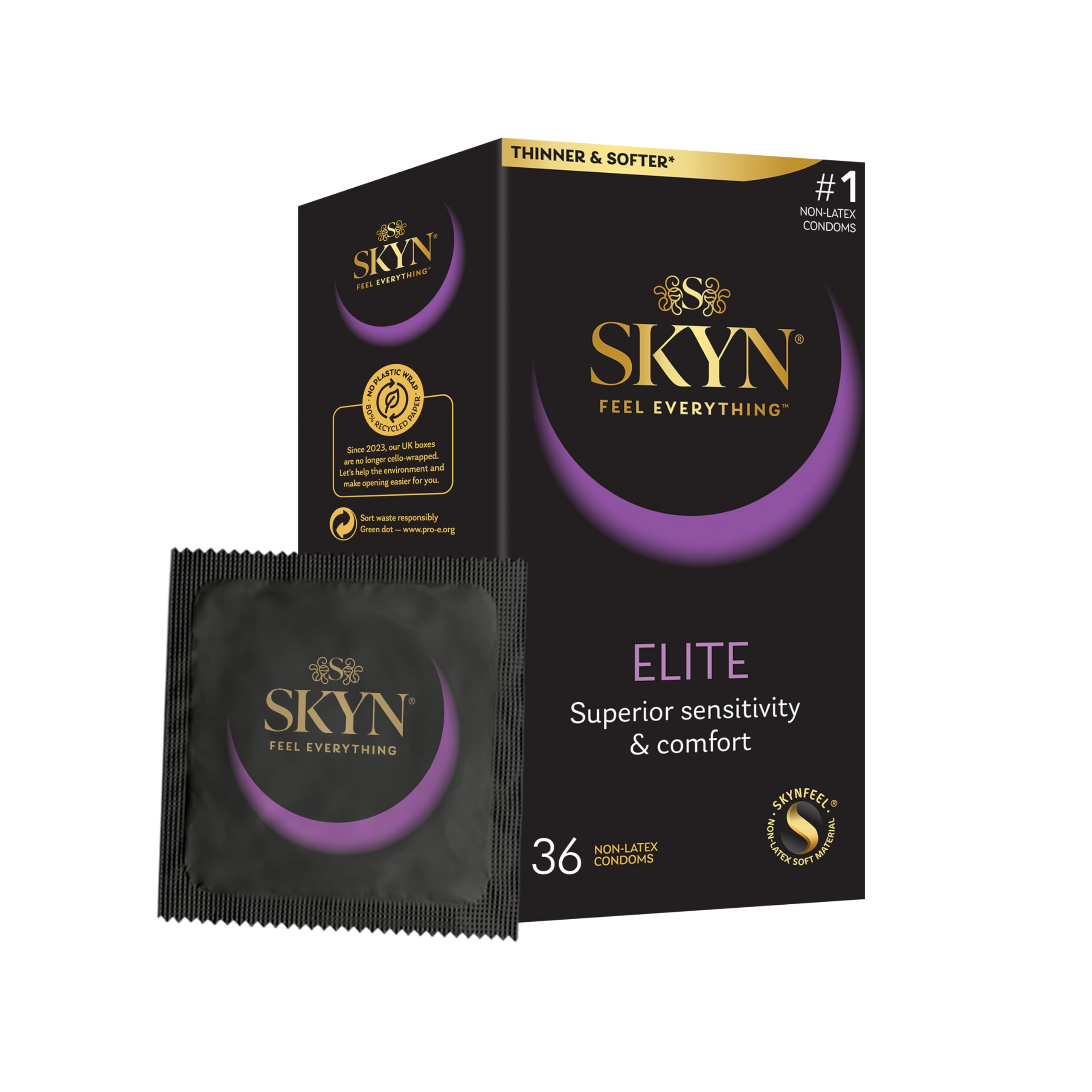 SKYN Elite (Pack of 36): Ultra-Thin Latex Free Condoms for Men, Regular Size Condoms, SKYNFEEL Technology, Smooth Surface, Lubricated, 53mm Nominal Width