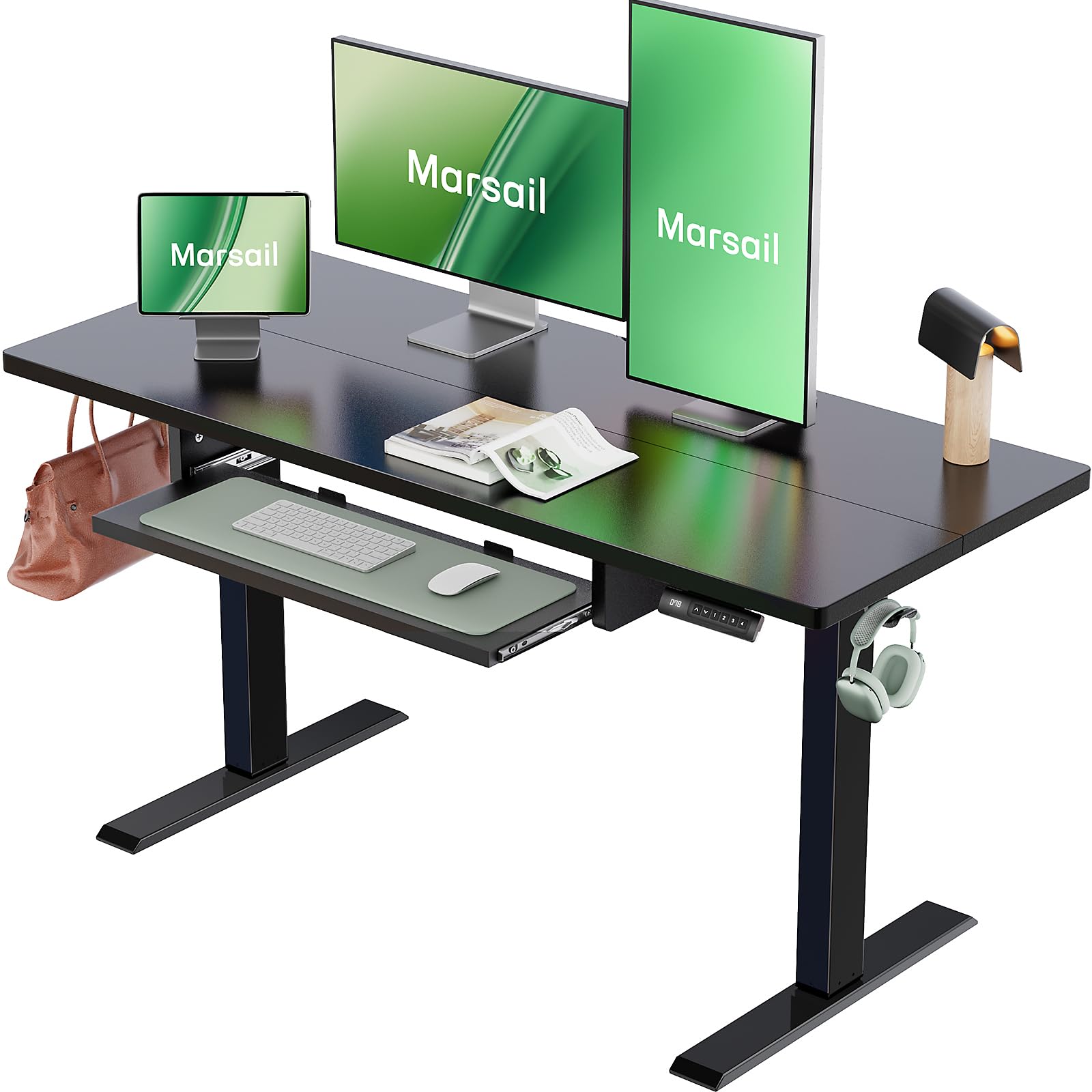 Marsail Electric Standing Desk with Ergonomic Keyboard Tray, 55×24″ Inch Adjustable Height Desk with 27.5” to 46.7” Height Range, 4 Memory Presets, Smooth and Quiet Lifting, Computer Workstation