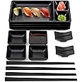 Pumtus 16 Piece Japanese Sushi Plate Set, Melamine Sushi Serving Set, Sushi Dinnerware Set - Includes 4 Sushi Serving Plates, 4 Sauce Dishes, 4 Pairs of Chopsticks, 4 Chopstick Holders (Black)