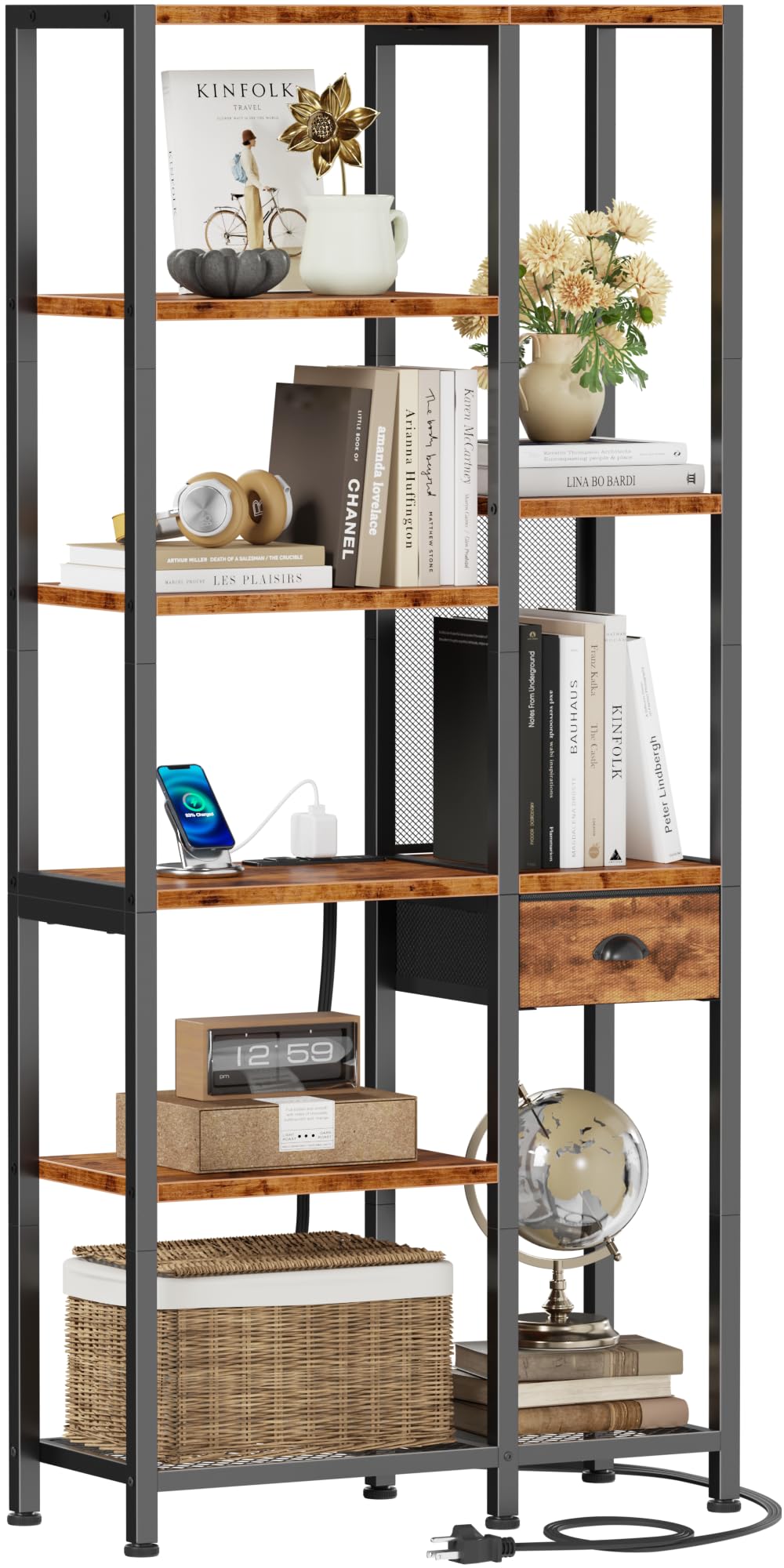 View 1 of Furologee Bookshelf with USB Ports and Outlets, Shelf with Drawer, Industrial Display Shelves with Charging Station, 6 Tier Storage Shelves for Bedroom, Living Room, Home Office, Rustic Brown
