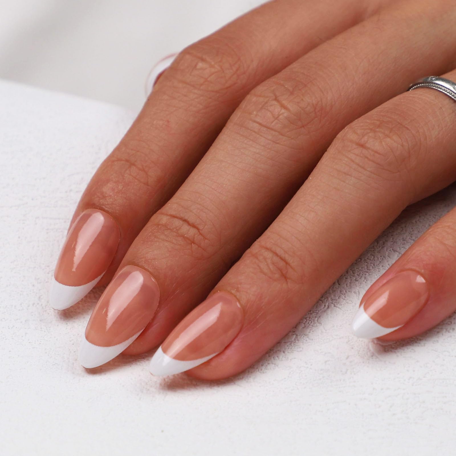 15 Sizes Nails Press Ons with Glue, 30 Pcs Gel French Tip Press on Nails Acrylic, Glossy Fake Nails Kits for Women Girls Manicure Glue on Nails (Almond Nude White)