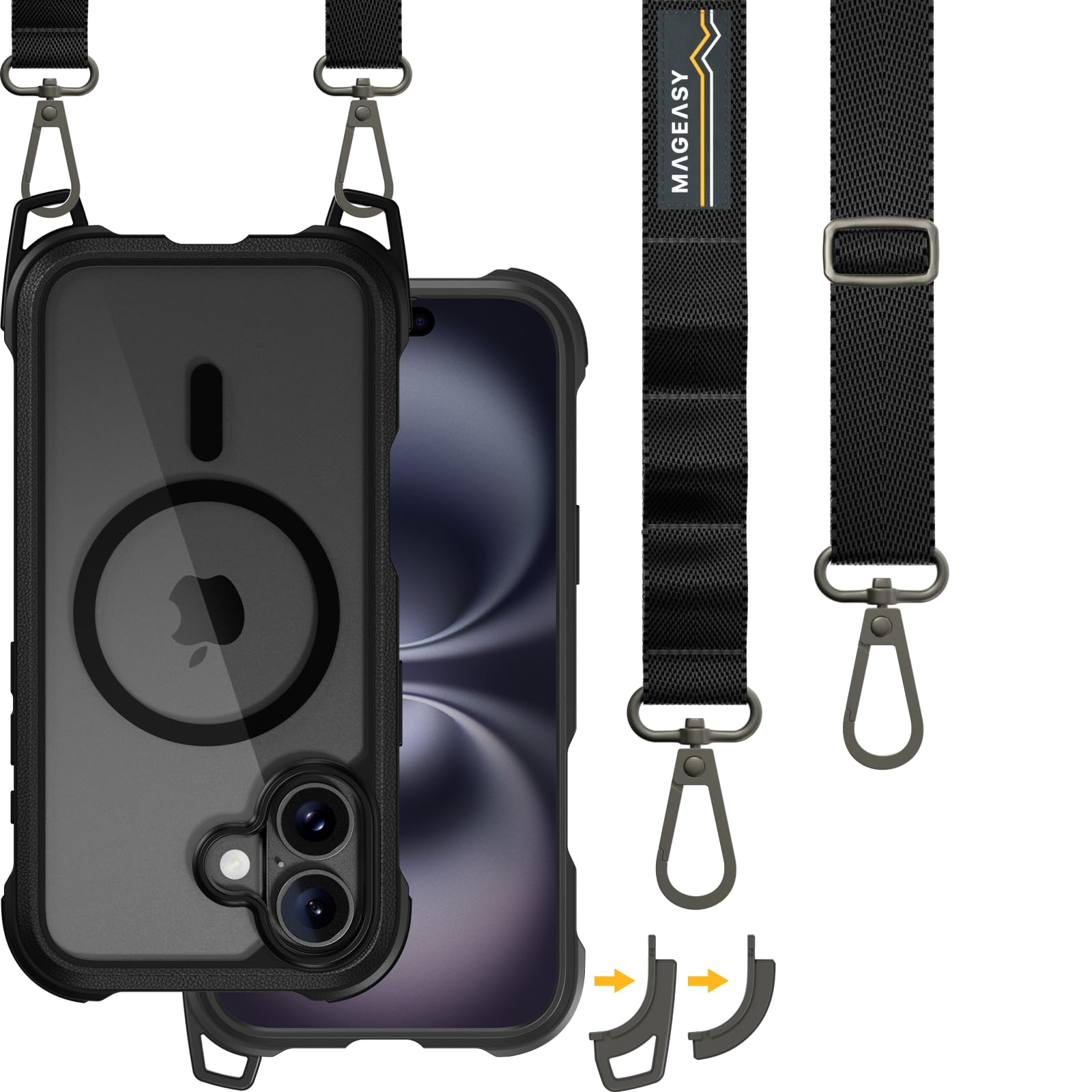 Photo 1 of MAGEASY Designed for iPhone 16 Case with Strap - 20ft Ultimate Drop Protection Compatible with MagSafe, Transformable Protective & Lanyard Case, Vegan Leather Frame | Odyssey Strap M (Leather Black)