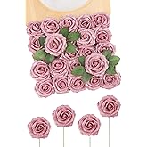 N&T NIETING Artificial Flowers Glowing Dark Pink Flowers Foam 25pcs Glitter Roses Real Looking Fake Roses with Stem for Valentine's Day DIY Wedding Bouquets Centerpieces Party Home Decorations