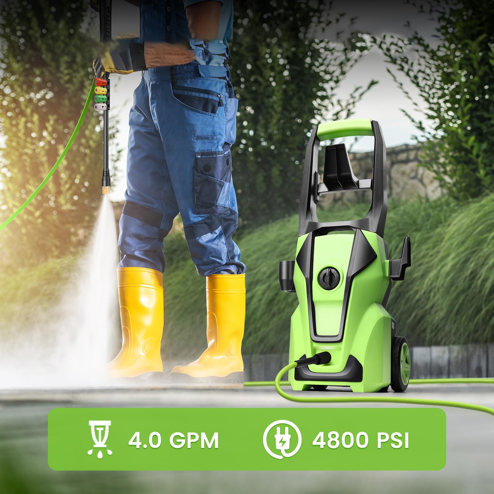 Professional Pressure Cleaner, 5000PSI Power Cleaner with Foam Cannon,4 Nozzles,33FT Hose and Soap Bottle, Car/Driveway/Patio Clean,Green