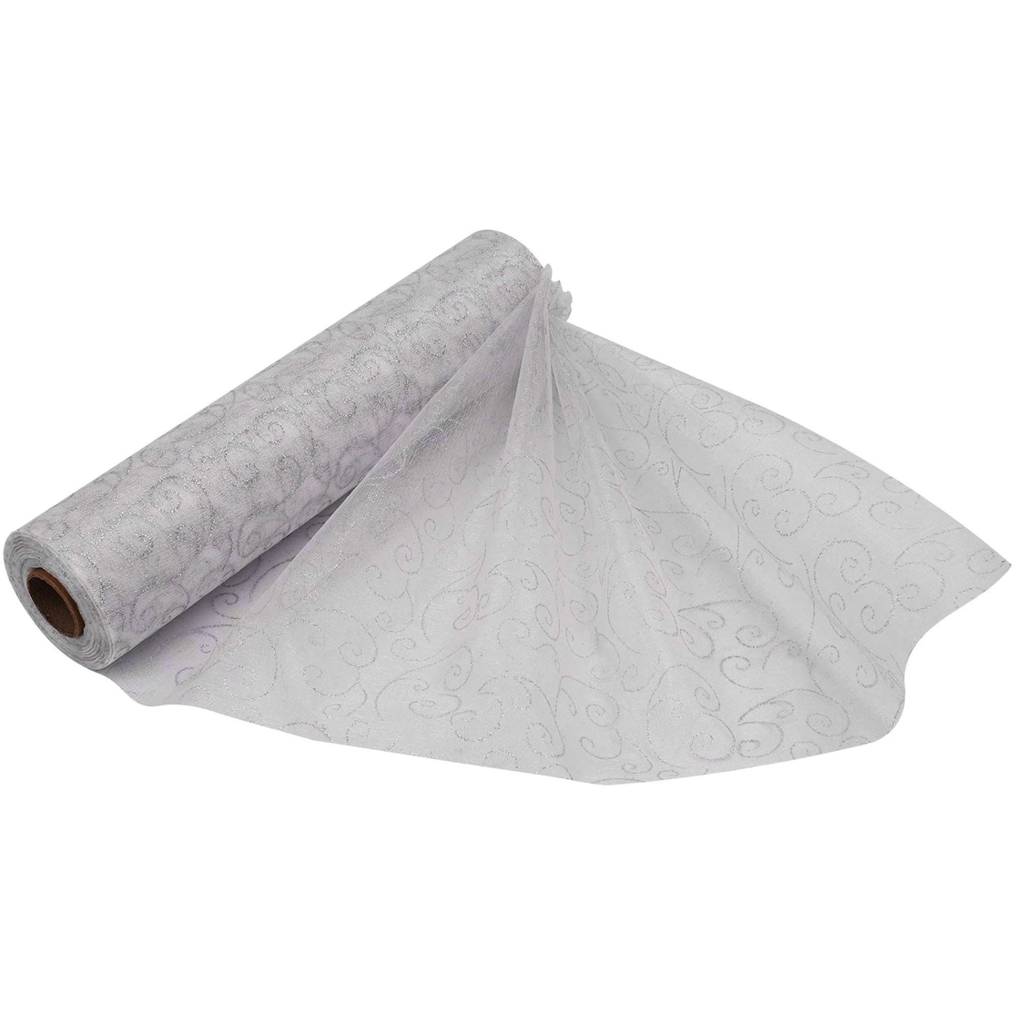 25m x 29cm Organza Roll Sparkle Snow Sheer Glitter Fabric with Flocked Design for Wedding Venue, Chair Bow Sash, Table Runner, Xmas Tree, Christmas Wreath, Gift Wrapping, Party Decoration, White