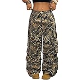 OYOANGLE Women's Camo Print Baggy Cargo Pants Elastic Waist Flap Pocket Straight Leg Trousers Streetwear