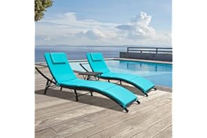 GUNJI Lounge Chairs for Outside 3 Pieces Patio Adjustable Chaise Lounge Outdoor Wicker Lounge Chairs Set of 2 with Table Folding Chaise Lounger for Poolside, Deck, Lawn (Blue)