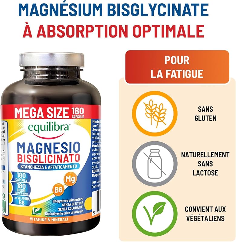 Magnésium Bisglycinate, 180 Gélules, 250mg, Avec Vitamine B6, Format 6 Mois, Vegan, pour Réduire la Fatigue, Système Nerveux et Fonction Musculaire, Sans Gluten