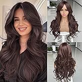Jolelyne Long Dark Brown Wavy Layered Wigs with Curtain Bangs Brown Wig for Black White Women Synthetic Long Blonde Butterfly Haircut for Girls Daily Party Use