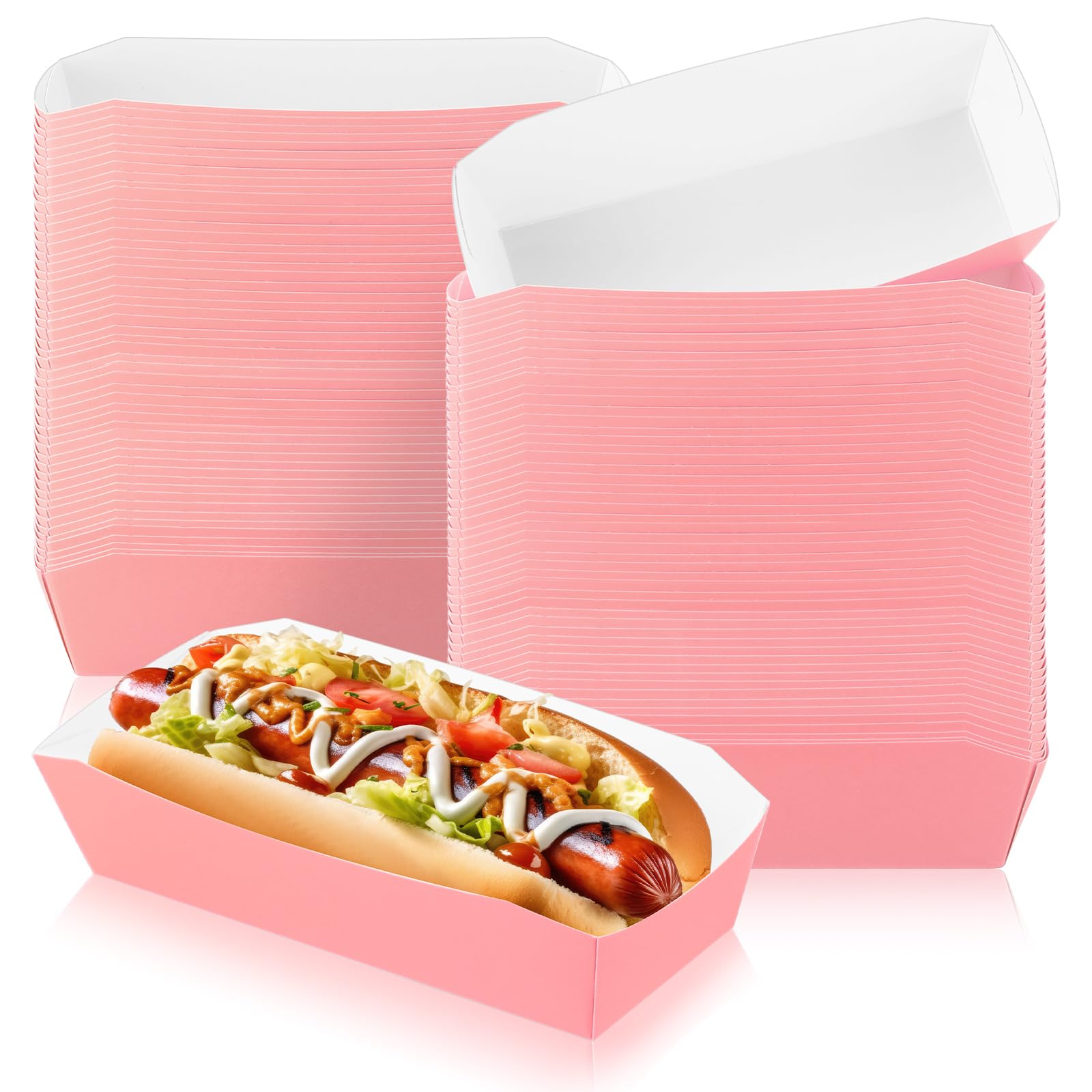 Photo 1 of Yeaqee 100 Pcs 7" Paper Hot Dog Trays Disposable Paper Food Nacho Boats Hot Dog Holders Food Plates Disposable Serving Trays for Halloween, Carnivals, Parties, Dinner, Cookouts(Pink)