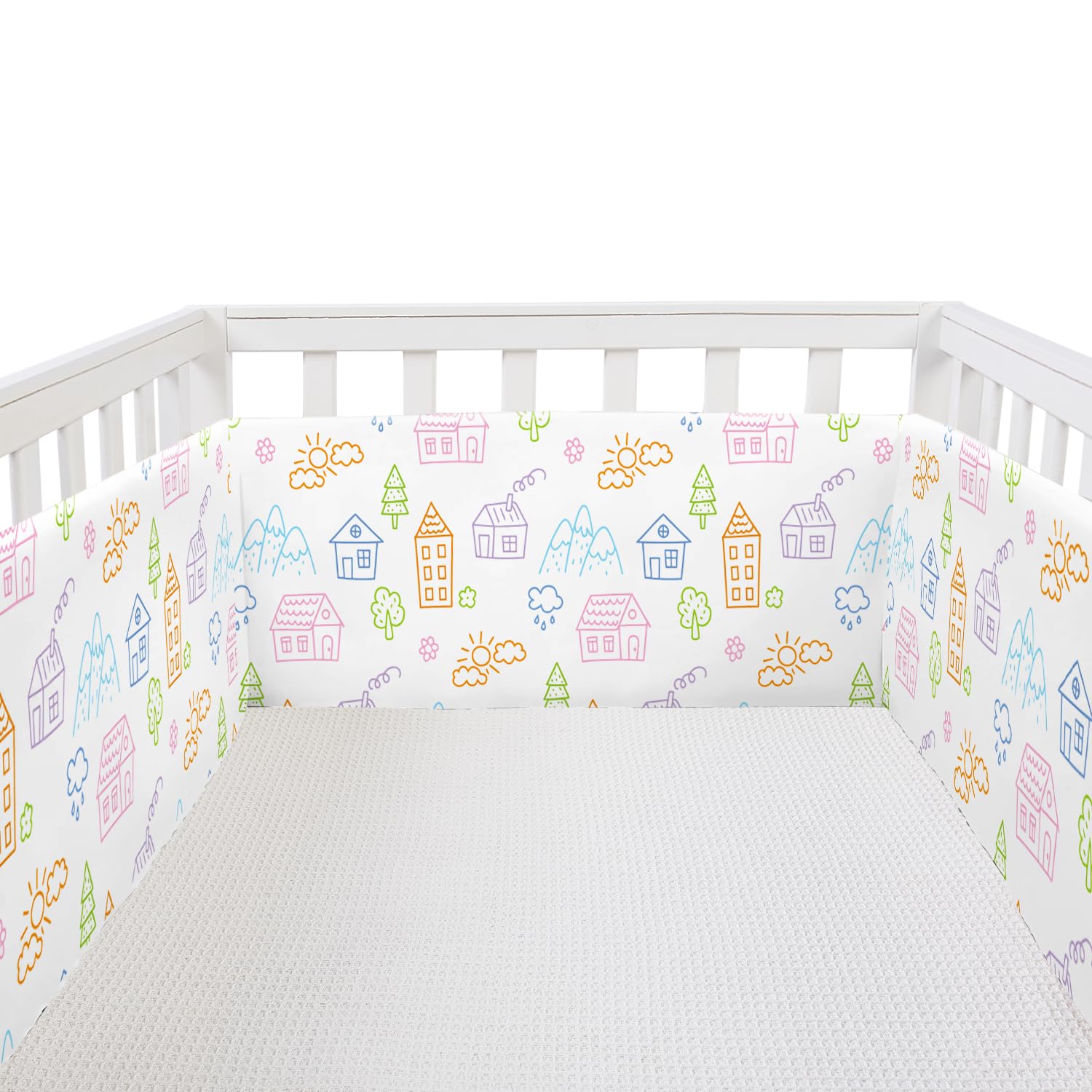 Photo 1 of 4 in 1 Soft Crib Liner Anti-Collision Pads,Comfortable Side Cover for Full-Size Cribs,Cover 4 Sides,2 Long Pieces,2 Short Pieces (Cartoon House)