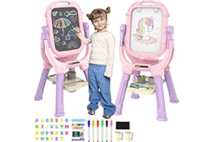 PUPPSITTY Easel for Kids, Adjustable Standing Rotatable Double Sided Toddlers Art Easel with Painting Accessories, Drawing Board Gift for Boys and Girls, Girl Birthday Gift, Pink