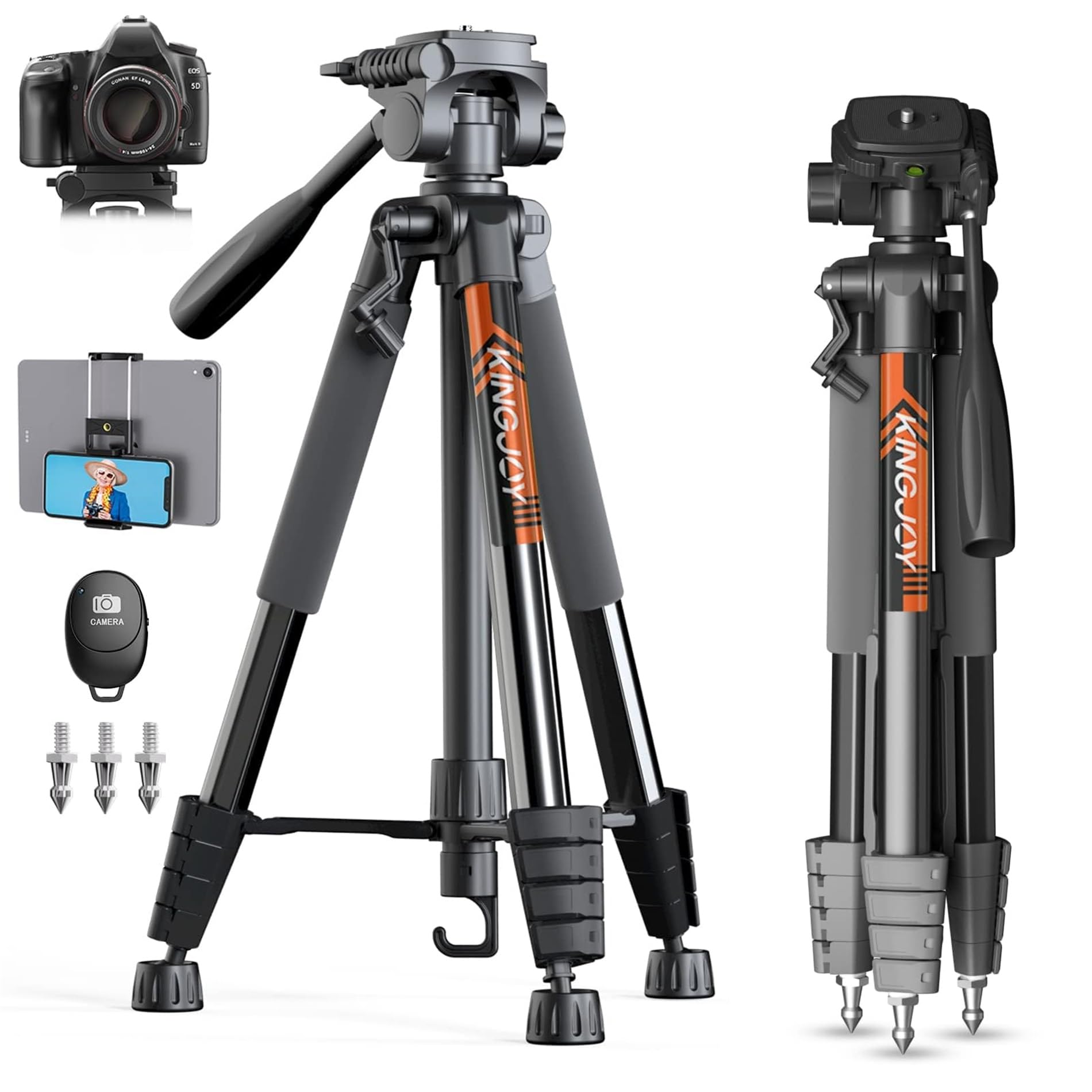 KINGJOY 75" Camera Tripod for Canon Nikon Dslr Lightweight Aluminum Camera Stand with Carry Bag Universal Phone Mount and Wireless Remote Max Load 11Lb Black