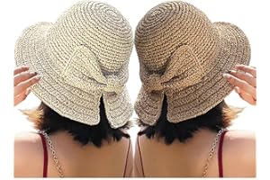 BSEASH Foldable Wide Brim Floppy Straw Beach Sun Hat,Summer Cap with Bowknot for Women Girls,Strap Adjustable