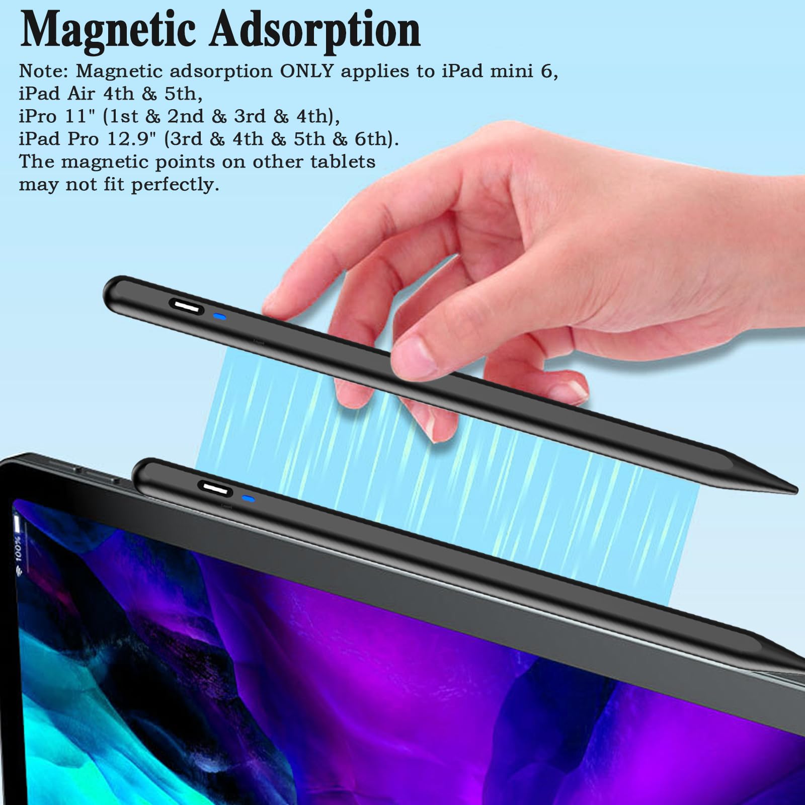 Stylus Pen for Android Tablet, Pom Tip Tablet Pencil for ios/Android,Rechargeable Active Stylus Pen for iPhone /Samsung/XiaoMi/Huawei/Vivo/Lenovo and Other Android Smartphones and Tablets-Black