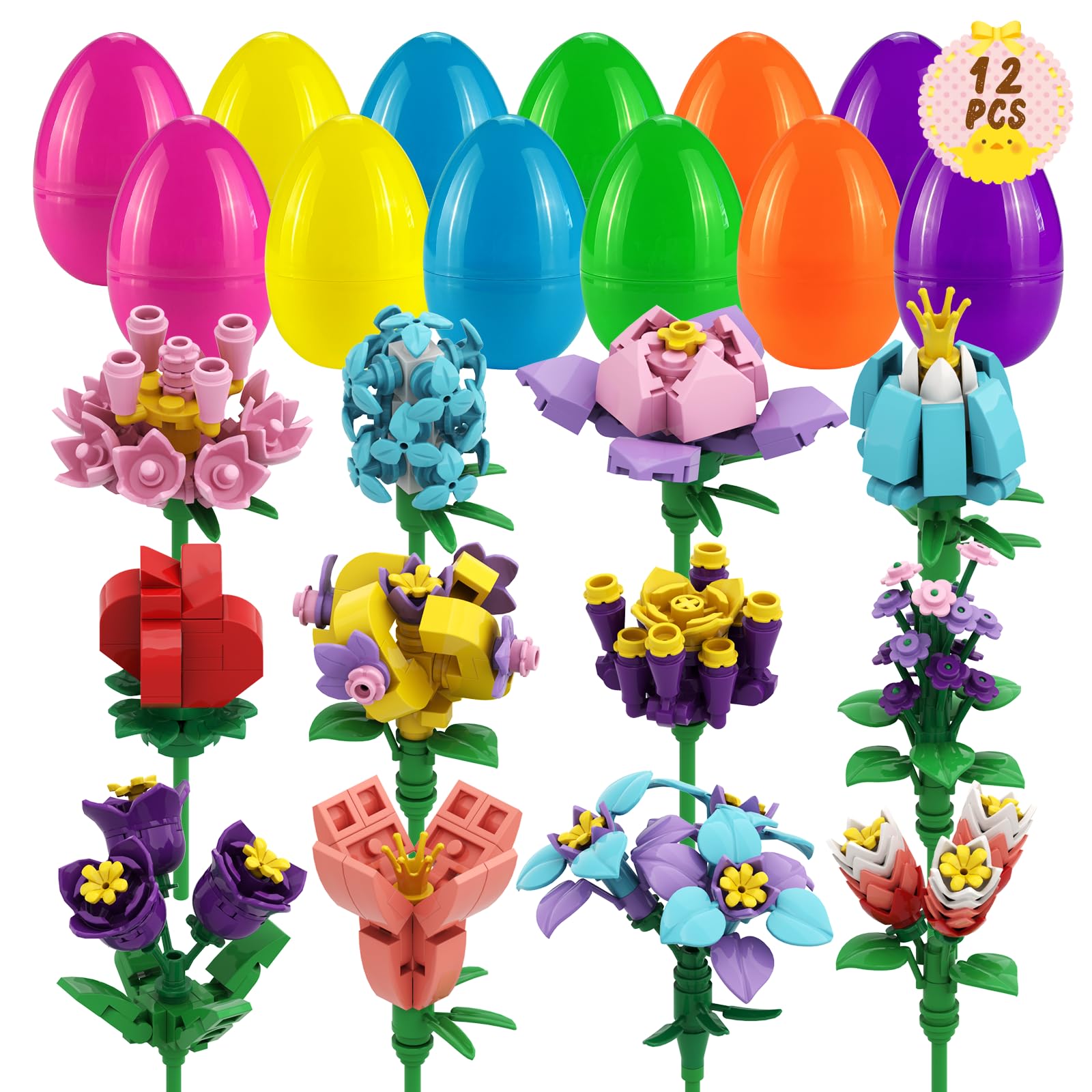 12 Pcs Easter Basket Stuffers Flower Building Blocks Eggs Prefilled Plastic Easter Eggs with Building Blocks for Basket Stuffers Toys Egg Hunt for Boys Girls Party Favors